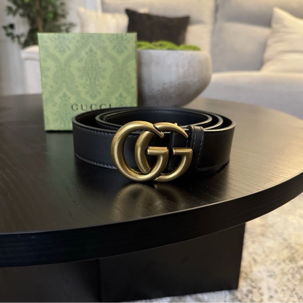 Gucci Black Leather Belt with Gold Double G Buckle